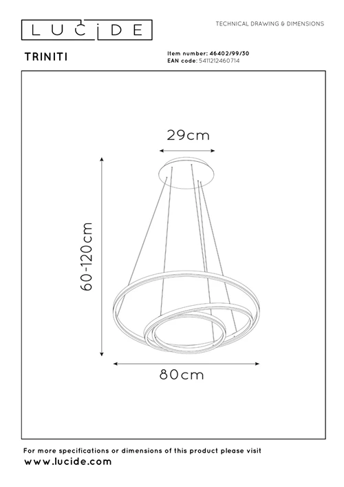 Lucide TRINITI - Pendant light - Ø 80 cm - LED Dim. - 3000K - Black - technical